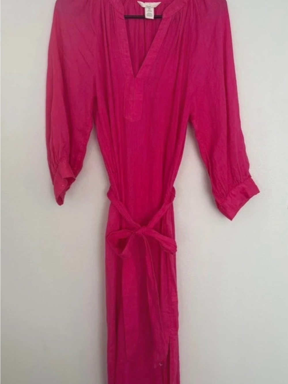 H&M Bright Fuchsia 100% Linen Long Sleeve Belted Dress